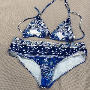 Blue and White Paisley Bikini Set